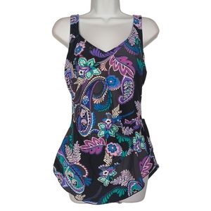 MAXINE OF HOLLYWOOD Black Purple Blue Gray Paisley Print Swimsuit 12 (Large)